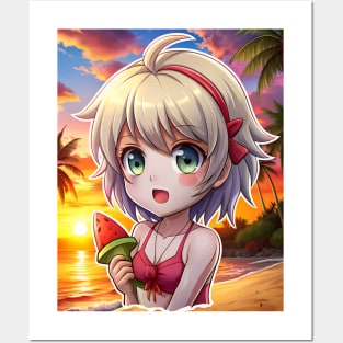 Anime Girl in Summer Beach Posters and Art